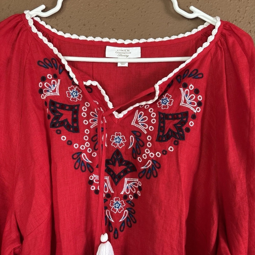 Linen Charter Club Luxury Women's Linen Embroidered 3/4-Sleeve Top Size XL Red - Picture 3 of 9